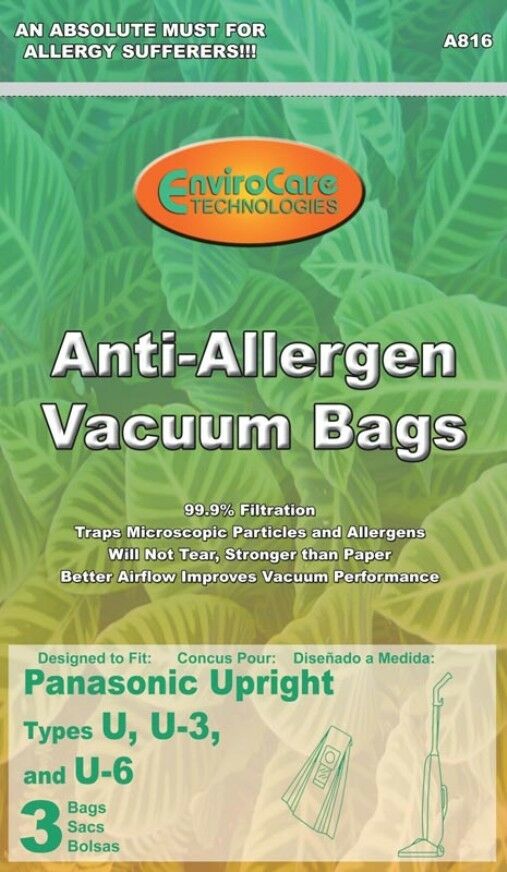 3pk, Panasonic U, U3, U6 Allergen Paper Bags Part A816