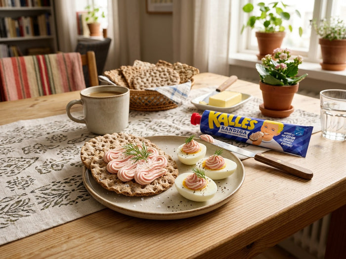Kalles Randiga 285g tube on a Swedish breakfast table with striped kaviar and cream cheese spread on crispbread and boiled eggs, garnished with dill