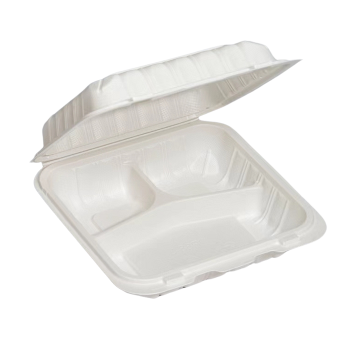 8" x 8" x 3.75" White MFPP Take-Out Container - 3-Comp.