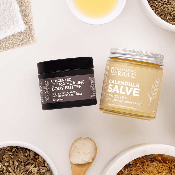 Coconut Free Eczema Cream Salve and Butter Unscented Eczema Care Set 2oz Butter and 4oz Salve Lifestyle Indoor Texture