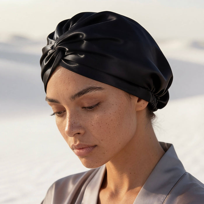 Woman wearing a black silk bonnet with a blurred natural background