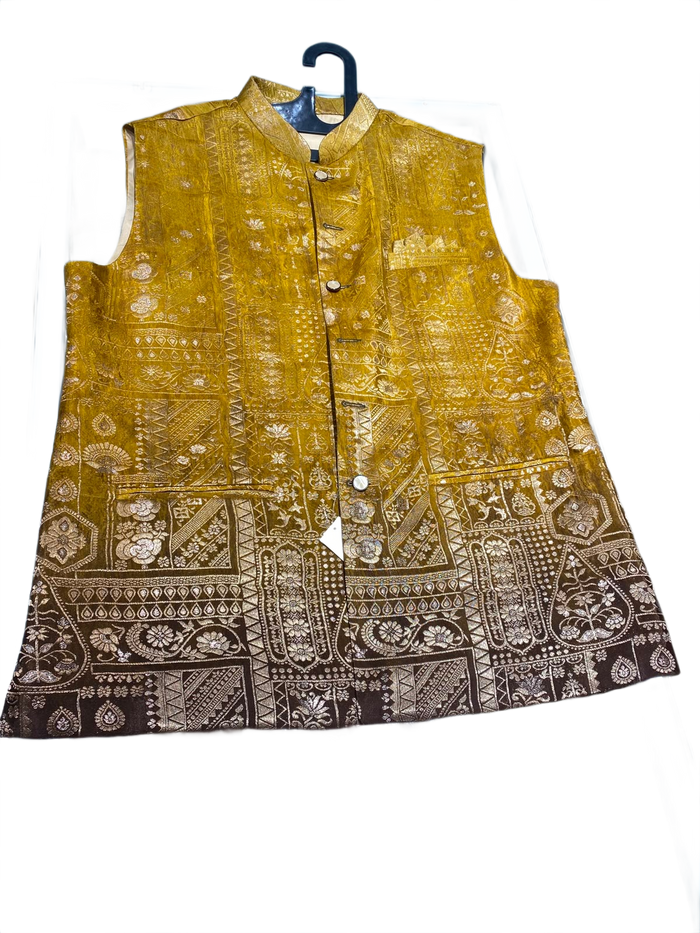 Men's Mustard Gold Jacquard Nehru Jacket | Premium Ethnic Wedding Waistcoat