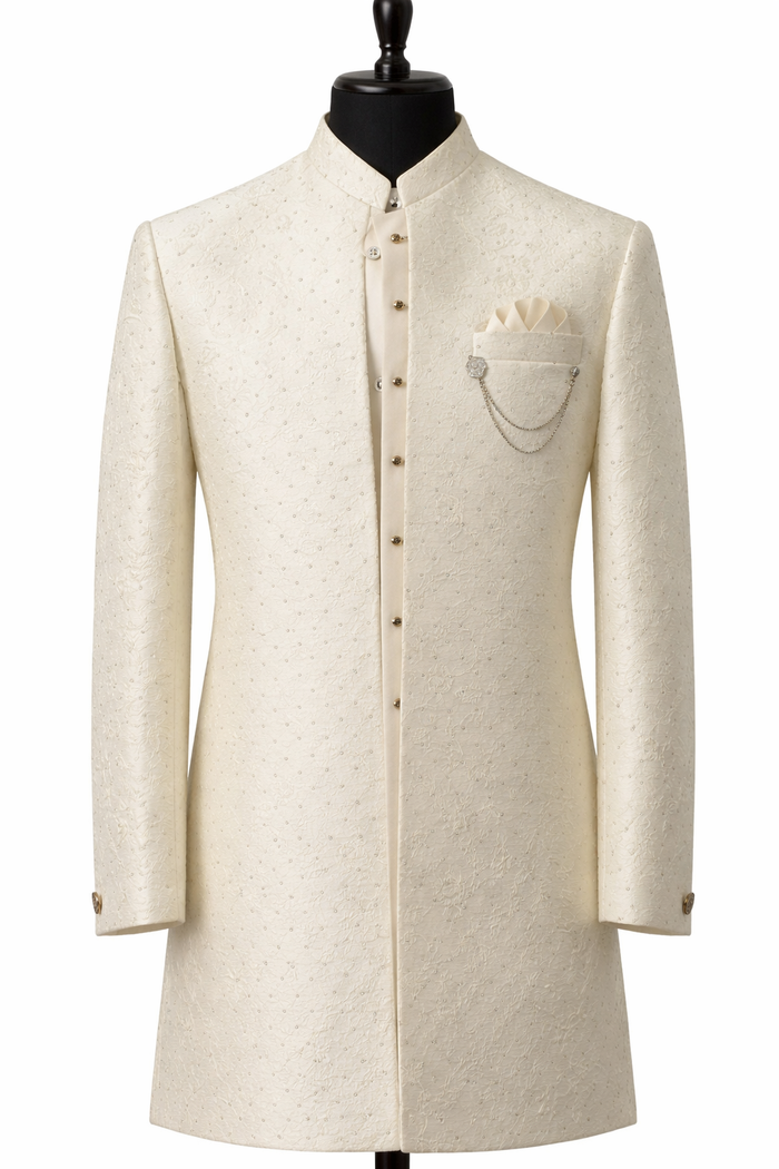 Men’s Off-White Jacquard Self-Patterned Indo-Western Sherwani