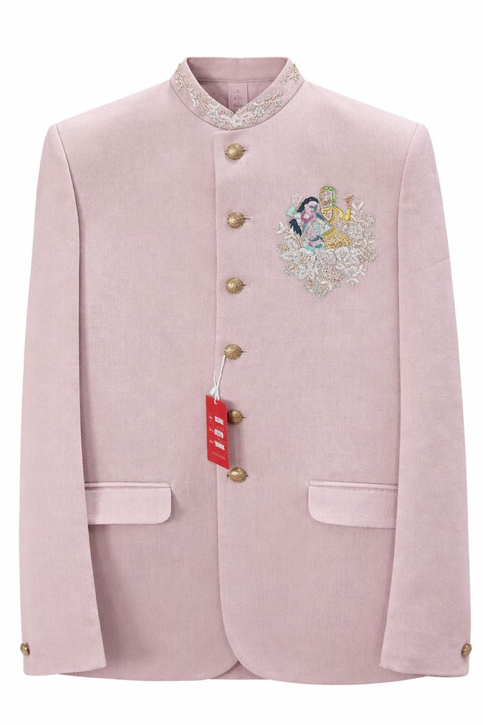 Men’s Peach Jacquard Embroidered Western Jodhpuri Suit