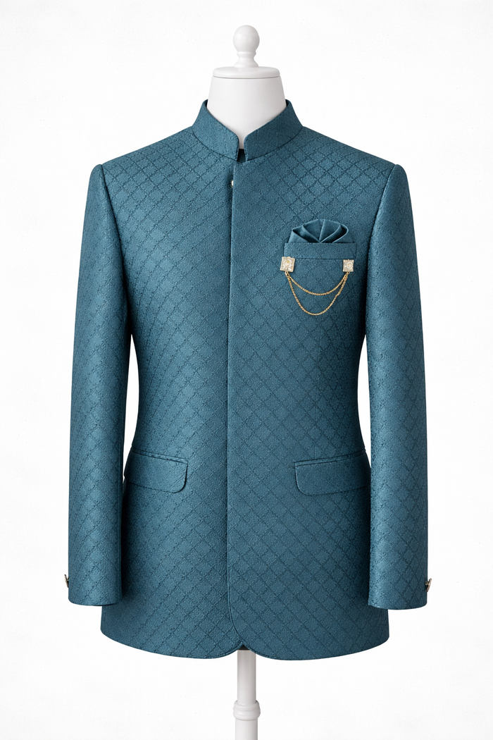 Men’s Teal Blue Jacquard Self-Patterned Indo-Western Jacket
