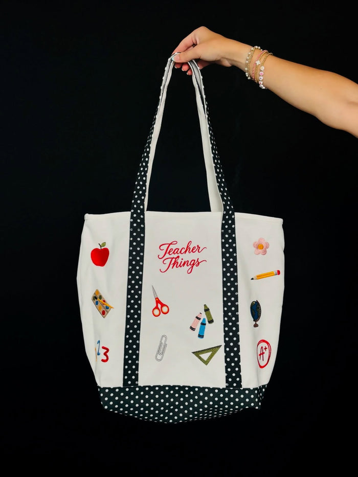 Teacher Essentials Embroidered Polka Dot Tote Bag