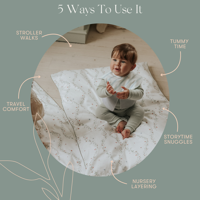 Diagram exploring 5 different ways to use the baby duvet.