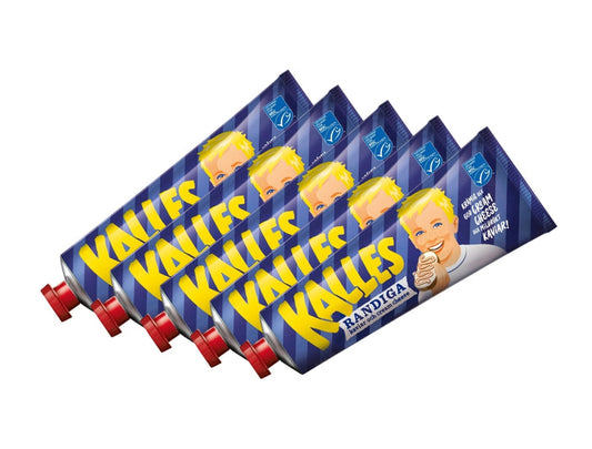 5 x Kalles Randiga 285g tubes – Swedish mild-smoked kaviar and cream cheese spread, made in Sweden