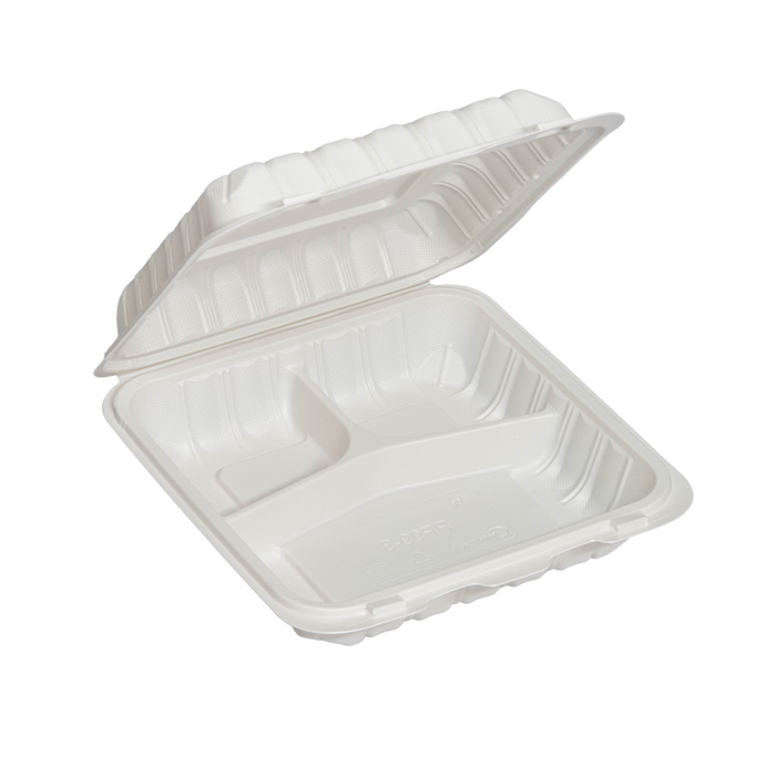 7" x 7" x 2.75" White MFPP Take-Out Container - 3-Comp.