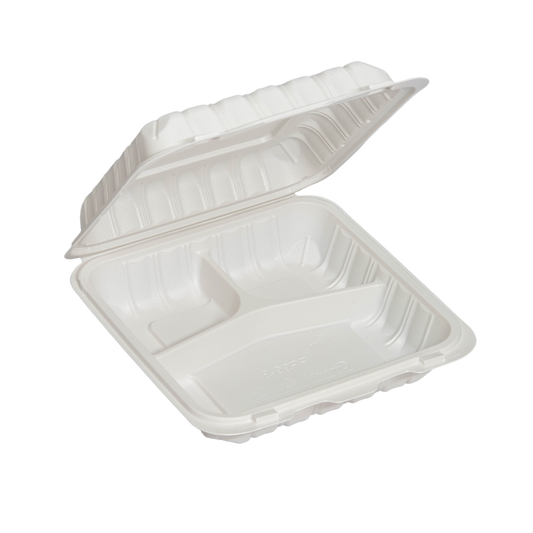 7" x 7" x 2.75" White MFPP Take-Out Container - 3-Comp.