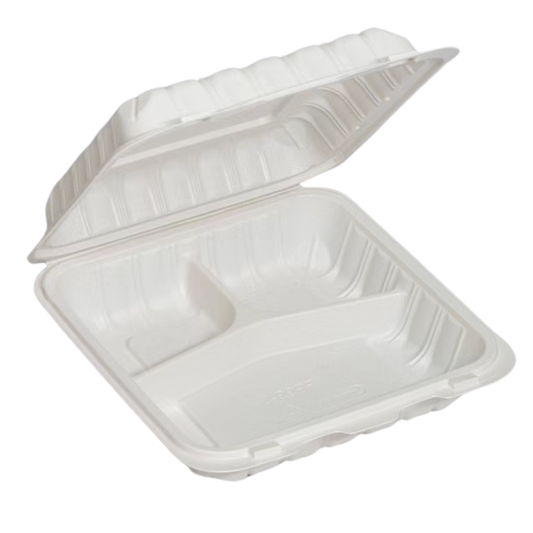 9" x 9.25" x 3" White MFPP Take-Out Container - 3-Comp.