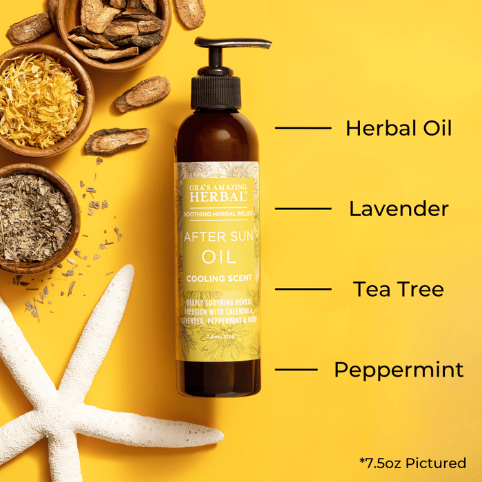 After Sun and Shave Oil 7.5oz Lifestyle Indoor Herbs Ingredients Infographic