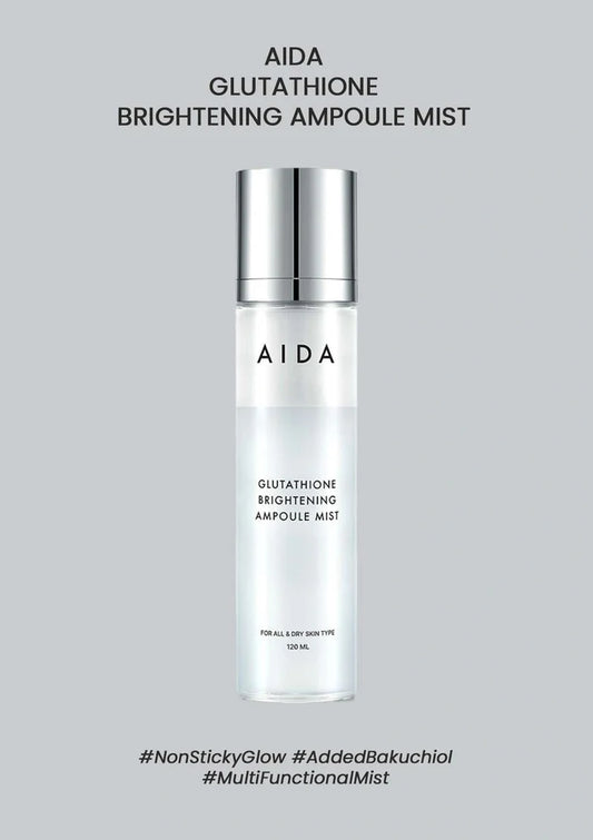AIDA Glutathione Brightening Ampoule Mist bottle on a gray background