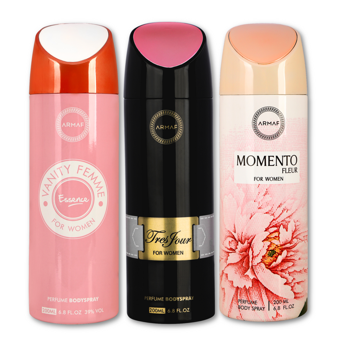 Armaf Vanity Femme Essence & Tres Jour & Momento Fleur  Women Deodorants - 200ML Each (Pack of 3)