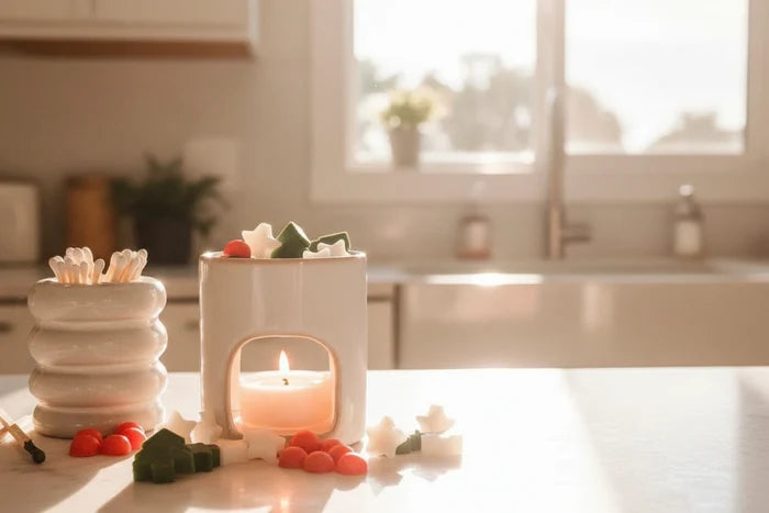 Decorative setup with a lit candle, floral arrangement, and branded product on a table.