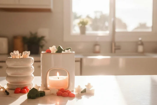 Decorative setup with a lit candle, floral arrangement, and branded product on a table.