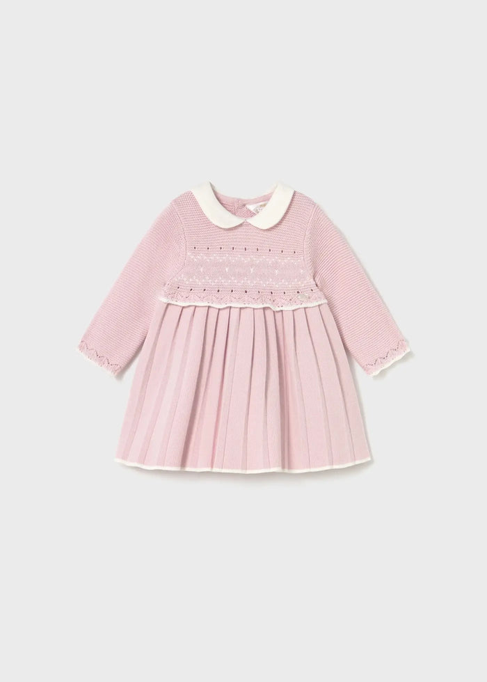 Shop Mayoral baby knit dress in pink with jacquard stitching – front view