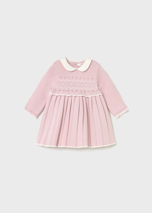 Shop Mayoral baby knit dress in pink with jacquard stitching – front view