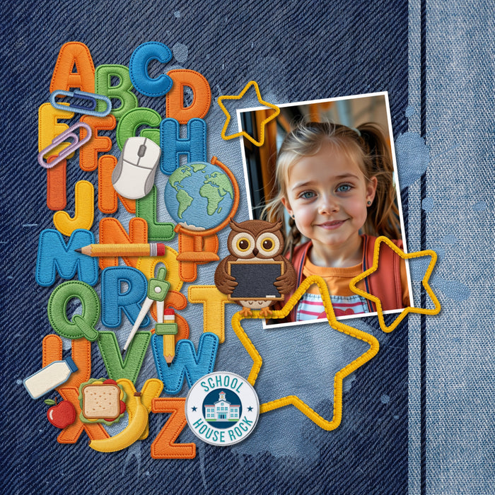 Accent your digital scrapbooking pages with these fun embroidered school patches by Crafty Clover digital art. Embellishments include ABC blocks, book, pencil case, paint palette, certificate, award, blackboard, chalkboard, bicycle, bike, pen, pencil, ruler, magnifying glass, books, owl, building blocks, bunk bed, calculator, clock, denim, blue jeans, sweatshirt, colored pencils, compass, keyboard, computer, mouse, crayons, lamp, desk, diploma, eraser, printer, file cabinet, fire alarm, apple, juice box