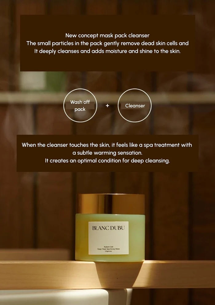 Blanc Dubu mask pack cleanser with product description on a wooden shelf background