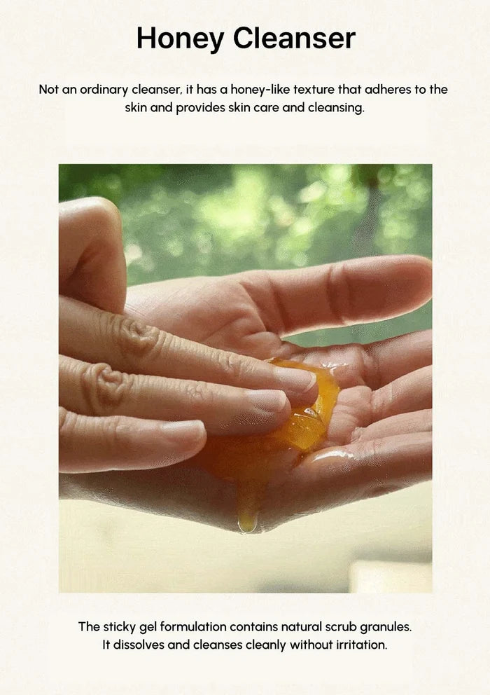 Honey Cleanser being applied to hands with a natural background