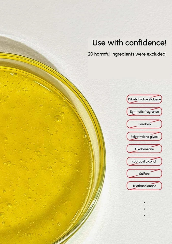 Yellow liquid in a beaker with a list of excluded harmful ingredients on a white background