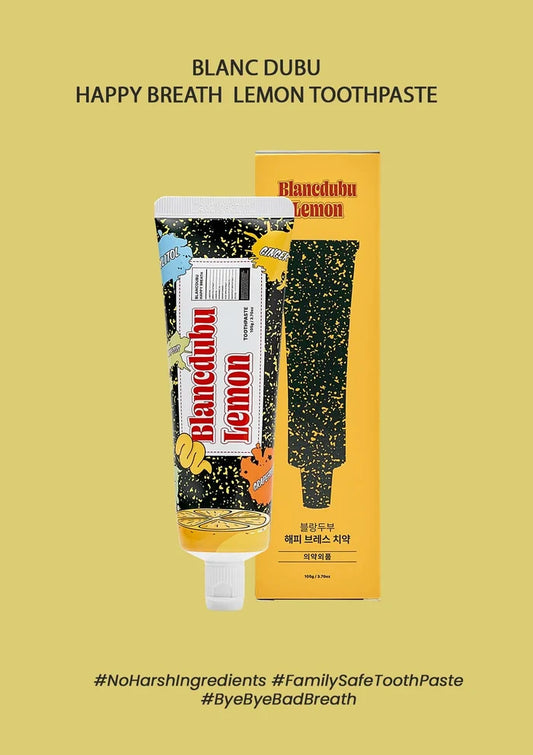 Blanc Dubu Lemon toothpaste packaging on a yellow background