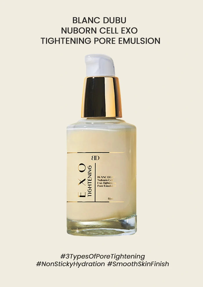 Bottle of Blanc Dubu Nuborn Cell EXO Tightening Pore Emulsion on a beige background