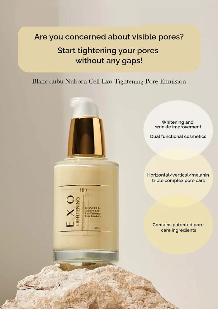 Skincare emulsion bottle with text about pore tightening on a neutral background