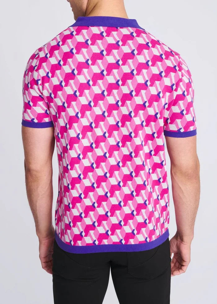 Blush/Pink 3D Cubes Jacquard Cotton 3-Button Knit Polo PM-16325