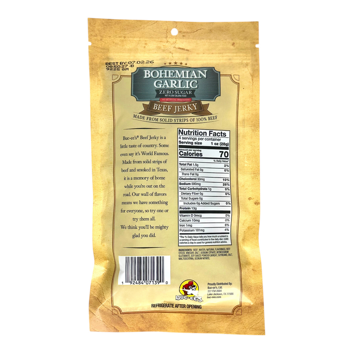Bohemian Garlic Zero Sugar Beef Jerky