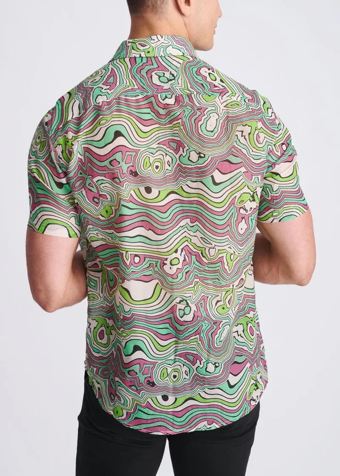 Bud/Blush Swirls Printed Lightweight Cotton/Silk Short Sleeve Shirt PM-46044