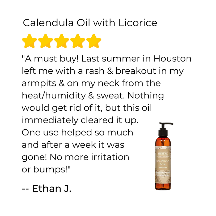 Product review for Calendula Oil with Licorice showing a five-star rating and customer testimonial.