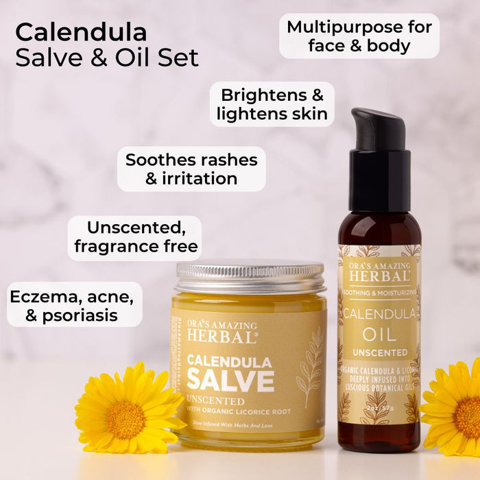 Calendula Salve and Oil Set with Box Lifestyle Indoor Flowers Benefits Infographic