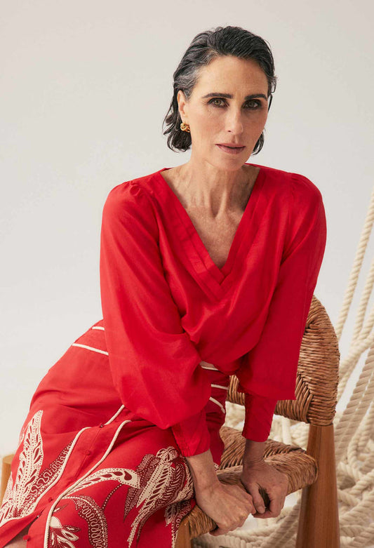 Calissa Cotton Silk V-Neck Blouse in Crimson by OnceWas
