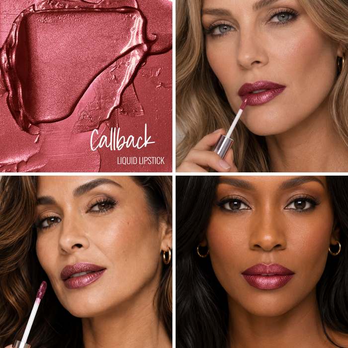 Collage of a liquid lipstick swatch in the shade Callback and models with different skin tones wearing it on their lips