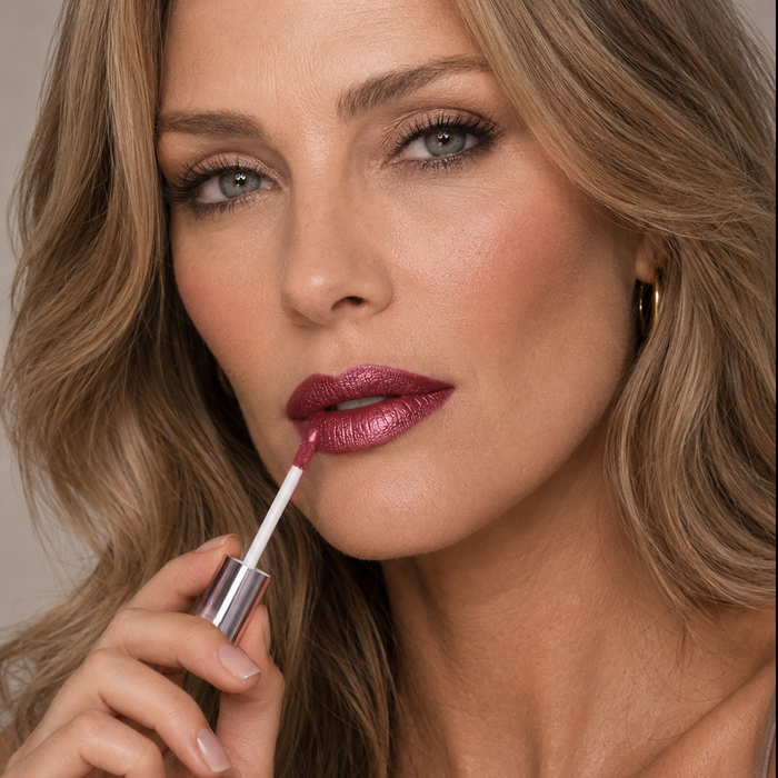 Close-up of a woman applying Runway Rogue Long Wear Liquid lipstick in the shade 'Callback' to her lips