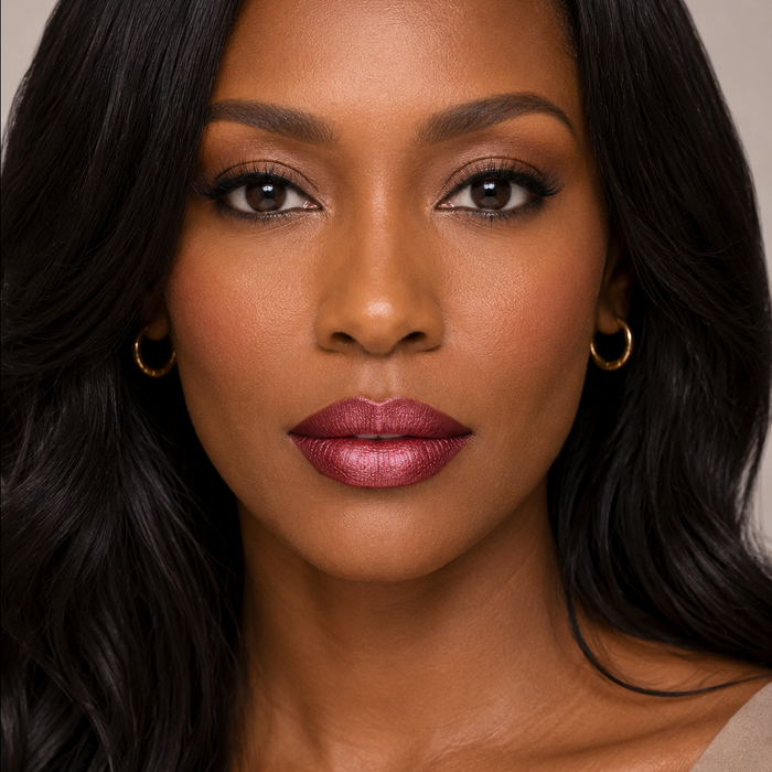 close-up of a woman with dark hair wearing Runway Rogue Pearl Glam liquid lipstick in the shade 'Callback'