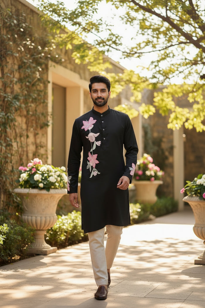 Classic Black Floral Embroidered Kurta