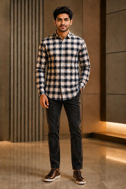 Classic Navy Blue & Beige Checkered Casual Shirt