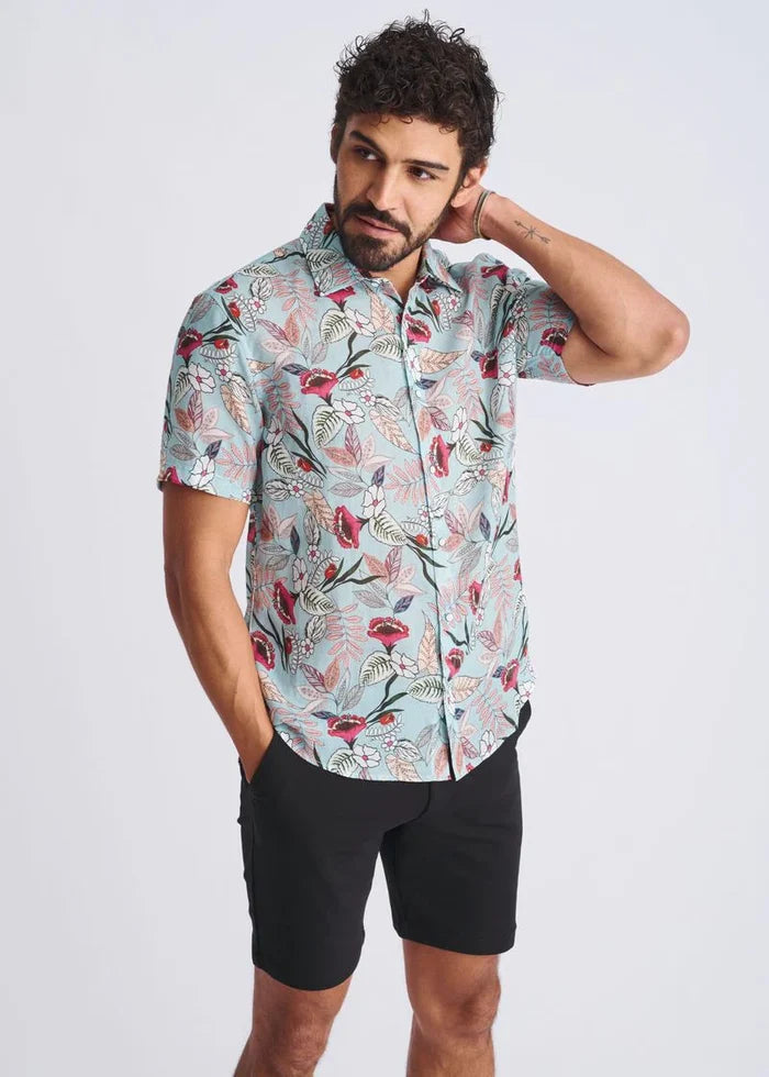 Cloud/Fuchsia Blossoms Printed Lightweight Linen/Tencel Short Sleeve Shirt PM-45038
