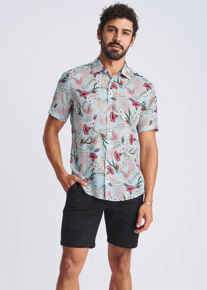 Cloud/Fuchsia Blossoms Printed Lightweight Linen/Tencel Short Sleeve Shirt PM-45038