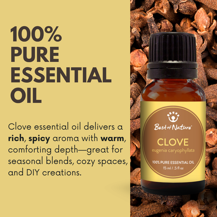 Clove bud essential oil delivers a rich, spicy aroma with warm, comforting depth - great for seasonal blends, cozy spaces, and DIY creations.