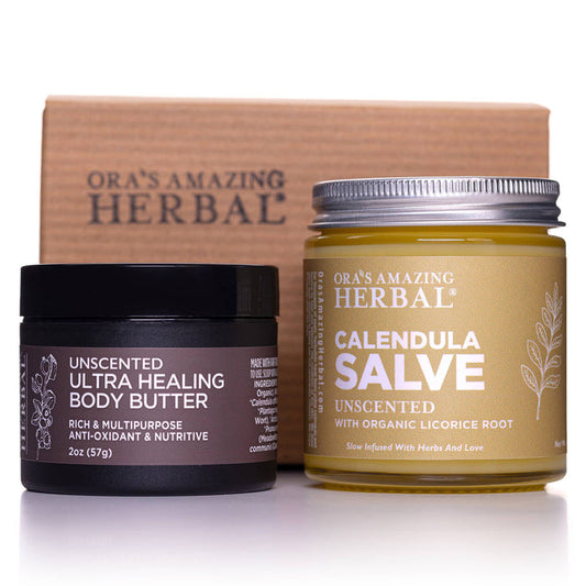 Coconut Free Eczema Cream Salve and Butter Unscented Eczema Care Set 2oz Butter and 4oz Salve White Background with Box