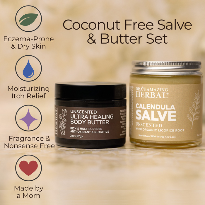 Coconut Free Salve and Butter on a wooden surface with text and icon highlighting benefits.