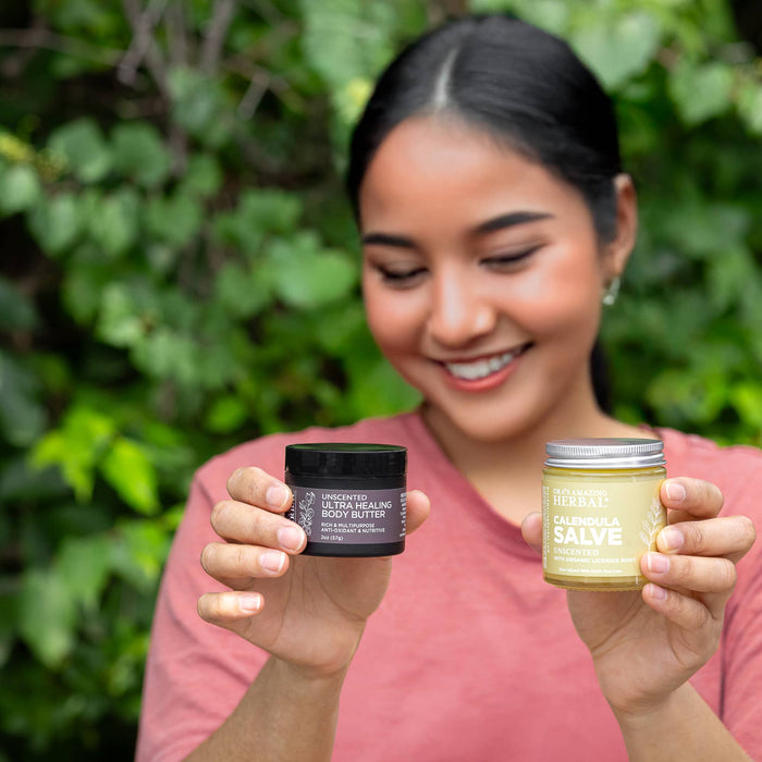 Coconut Free Eczema Cream Salve and Butter Unscented Eczema Care Set 2oz Butter and 4oz SalveLifestyle Outdoor Female Model