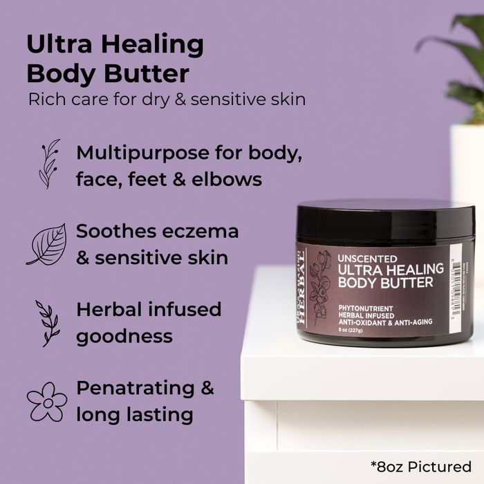 Unscented Body Butter 8oz with Icons Lifestyle Indoor Benefits Infographic