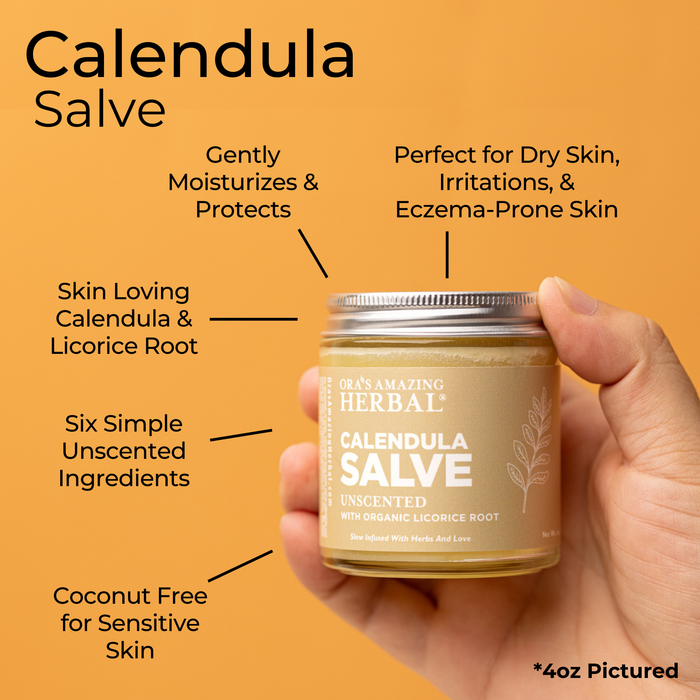 calendula salve held by a hand with product details on an orange indoor background