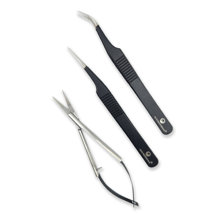 DLUX Pro Lash Extension Tweezer & Scissor Set W/case - Black - 3 pieces