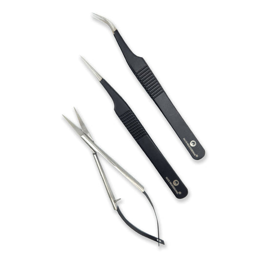 DLUX Pro Lash Extension Tweezer & Scissor Set W/case - Black - 3 pieces